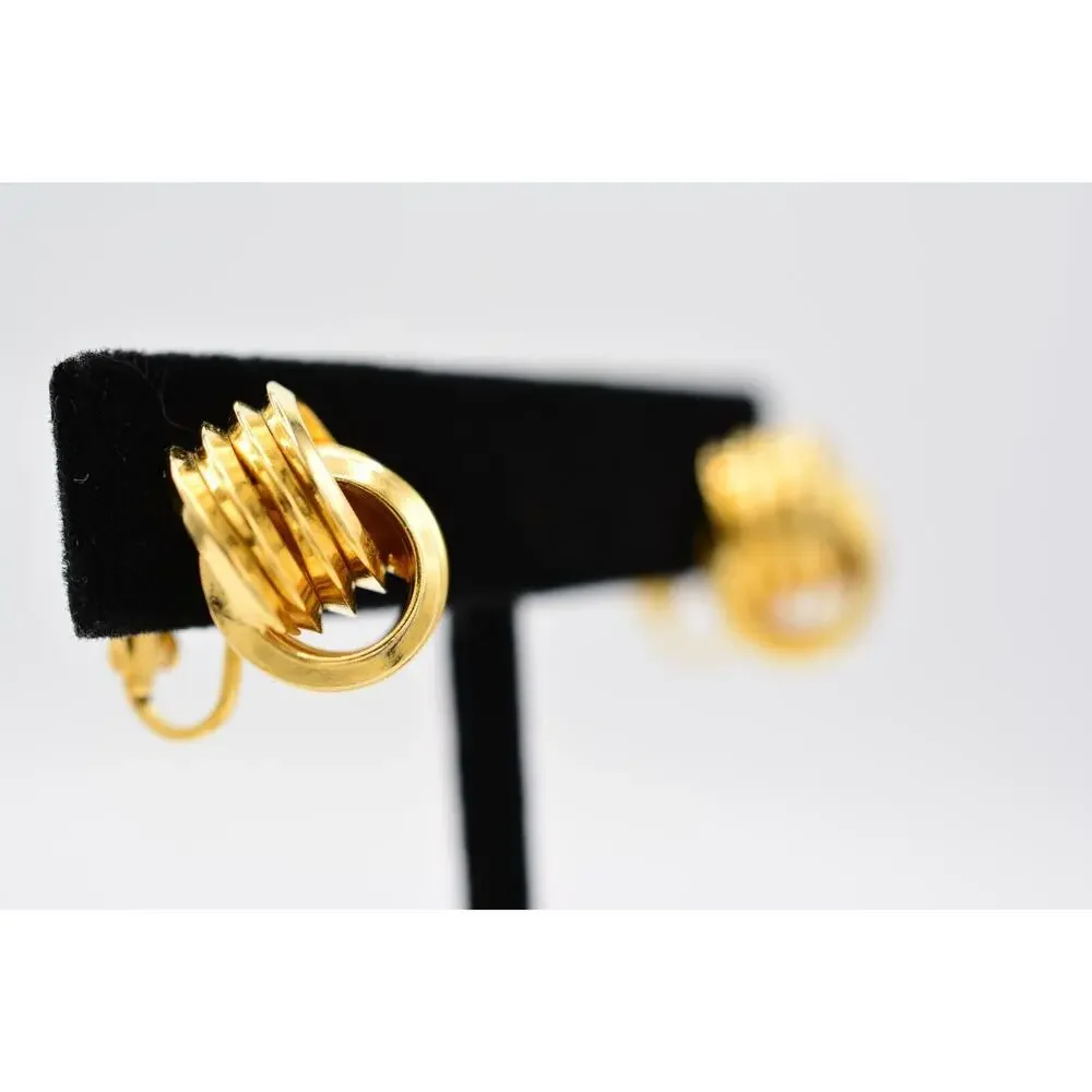 Vintage Clip On Earrings Knot Tie Stud Gold Huggie Round Metallic 1980s BinAA